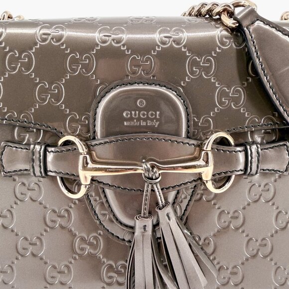 Gucci Emily Medium Chain Guccissima Shoulder Bag Gray Shine GG Patent Leather - Picture 9 of 14